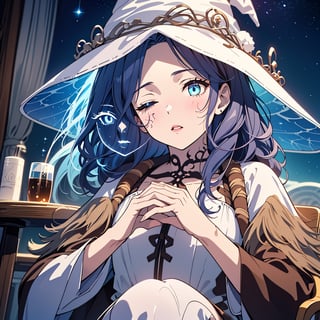 1girl,solo,best quality,highres,ultra-detailed,high_resolution,ultra-detailed,best quality, ultra realistic, 8k resolutions ,masterpiece, beautiful lips,detailed eyes,Detailed Hair,long hair,longhair,full_body,((Blue Hair)),Sitting in a chair with crystals around her,low_angle,dynamic_pose,full_body,(illustration:0.8),
 (beautiful detailed eyes:1.6),((pale skin 1,5)), (perfect hands, perfect anatomy),extremely detailed face, perfect lighting,((long hair )),starry sky, ,Dungeon, cave with ice walls ,sparky magic-energy, strong wind, sky full of stars and nebula background,White Dress,ExtraFacesRanni,IncrsRnnThWtch,ranni the witch,doll, doll_joints,doll fingers,bluish skin,Blue Skin,full moon,Bright full moon,cracks on the face,ranni-default,wavy hair, (4 arms:1.1), (multiple faces:1.1),  colored skin, cracked skin,  white headwear, white dress, long sleeves, fur cloak, brown cloak, sitting, own hands together, 