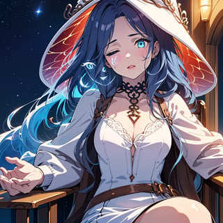 1girl,solo,best quality,highres,ultra-detailed,high_resolution,ultra-detailed,best quality, ultra realistic, 8k resolutions ,masterpiece, beautiful lips,detailed eyes,Detailed Hair,long hair,longhair,full_body,((Blue Hair)),Sitting in a chair with crystals around her,low_angle,dynamic_pose,full_body,(illustration:0.8),
 (beautiful detailed eyes:1.6),((pale skin 1,5)), (perfect hands, perfect anatomy),extremely detailed face, perfect lighting,((long hair )),starry sky, ,Dungeon, cave with ice walls ,sparky magic-energy, strong wind, sky full of stars and nebula background,White Dress,ExtraFacesRanni,IncrsRnnThWtch,ranni the witch,doll, doll_joints,doll fingers,bluish skin,Blue Skin,full moon,Bright full moon,cracks on the face,ranni-default,wavy hair, (4 arms:1.1), (multiple faces:1.1),  colored skin, cracked skin,  white headwear, white dress, long sleeves, fur cloak, brown cloak, sitting, own hands together, 
