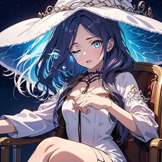 1girl,solo,best quality,highres,ultra-detailed,high_resolution,ultra-detailed,best quality, ultra realistic, 8k resolutions ,masterpiece, beautiful lips,detailed eyes,Detailed Hair,long hair,longhair,full_body,((Blue Hair)),Sitting in a chair with crystals around her,low_angle,dynamic_pose,full_body,(illustration:0.8),
 (beautiful detailed eyes:1.6),((pale skin 1,5)), (perfect hands, perfect anatomy),extremely detailed face, perfect lighting,((long hair )),starry sky, ,Dungeon, cave with ice walls ,sparky magic-energy, strong wind, sky full of stars and nebula background,White Dress,ExtraFacesRanni,IncrsRnnThWtch,ranni the witch,doll, doll_joints,doll fingers,bluish skin,Blue Skin,full moon,Bright full moon,cracks on the face,ranni-default,wavy hair, (4 arms:1.1), (multiple faces:1.1),  colored skin, cracked skin,  white headwear, white dress, long sleeves, fur cloak, brown cloak, sitting, own hands together, 