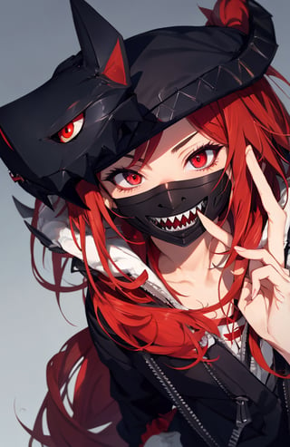 sharp teeth, High resolution, retouching, sharp smile on the mask, red eyes, red hair, cara perfecta,anime,h4l0w3n5l0w5tyl3DonML1gh7,JessicaWaifu, gek,fangs