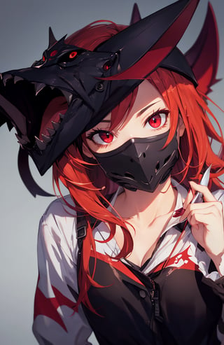 sharp teeth, High resolution, retouching, sharp smile on the mask, red eyes, red hair, cara perfecta,anime,h4l0w3n5l0w5tyl3DonML1gh7,JessicaWaifu, gek,fangs,1face