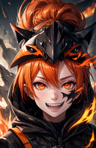 sharp teeth, High resolution, retouching, sharp smile on the mask, orange eyes, orange hair, cara perfecta,anime,h4l0w3n5l0w5tyl3DonML1gh7,JessicaWaifu, gek,fangs,1face,flaming eye