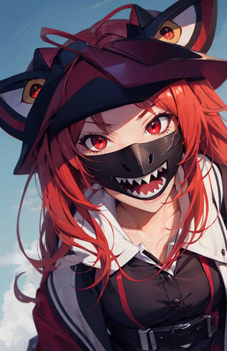 sharp teeth, High resolution, retouching, sharp smile on the mask, red eyes, red hair, cara perfecta,anime,h4l0w3n5l0w5tyl3DonML1gh7,JessicaWaifu, gek,fangs