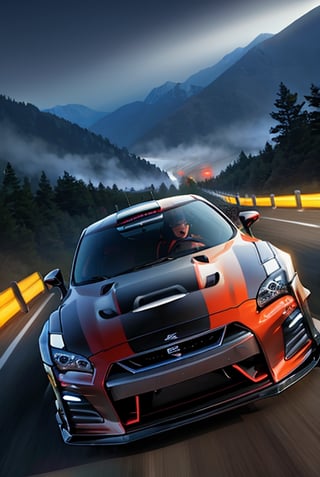 Rally car, (nissan GT-R black), in the mountains, foggy, night, (from front view), natural (module), high_resolution, hyper realistic.
