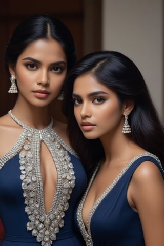 a couple of sri lankan women with black long hair standing next to each other, perfectly proportioned, two models in the frame, posing together in navy blue dress jaw dropping beauty masterpiece, perfect anatomy, 32k UHD resolution, best quality, highres, realistic photo, professional photography, cinematic angle, cinematic lights, brilliant, vibrant, vivid color, highest detailed, stunning composition, hyper emotional, made by daz3d, RAW, wide shot,