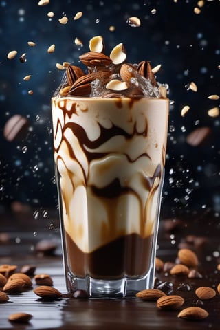 Cold Coffee with cream, crushed almonds, 
in a glass, choco flakes, ice cubes, 
wet, in a wooden background, cinematic lighting, 

hyper realistic painting, 

 

octane render, 

volumetric lighting, 

fluid motion, 
dynamic movement, 
muted colors