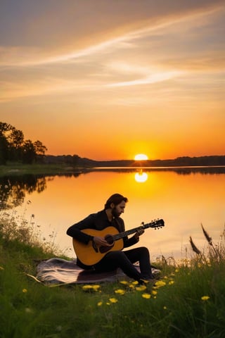 A captivating LEMPLE of a modern, edgy man seamlessly blending into the enchanting sunset. he is playing an acoustic guitar, with his silhouette bathed in a warm, golden light that accentuates her profile and the guitar's body. The reflective surface of the guitar displays a tranquil lake, reflecting the setting sun. The man is seated on the ground, surrounded by a serene nature setting adorned with flowers and grass, creating a harmonious connection between the musician and his environment., photo viewer perspective