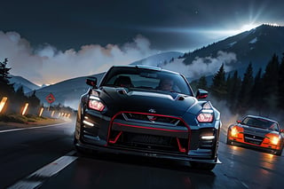 Rally car, (nissan GT-R black), in the mountains, foggy, night, (from front view), natural (module), high_resolution, hyper realistic.

