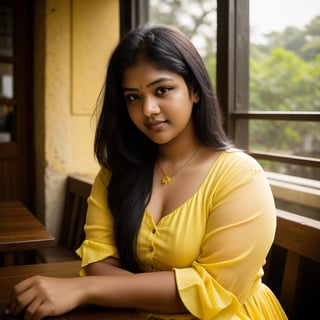 A 21-year-old sri-lankan chubby girl with long and flowing black hair and striking black eyes. She should have a natural, approachable expression and be illuminated by soft, wearing a yellow dress, golden-hour sunlight. The background should be a scenic indoor setting, coffee shop with a bunch of yellow flower on the table. Capture this image with a high-resolution photograph using an 85mm lens for a flattering perspective