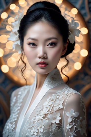 A stunning Chinese beauty posing in a serene atmosphere. Against a surreal, fractal-inspired background with swirling patterns, she wears a breathtaking white dress adorned with delicate petal patterns and subtle transparency. Her porcelain-like skin glows under soft lighting, accentuating her big eyes and luscious black hair fluttering in the wind. The camera captures her flawless face up close, showcasing lip filler and an elegant, open flower-like design. The mirror-like reflection creates a sense of depth, while the light source casts a warm glow on her features. The overall mood is romantic, with bold geometry and fragmented shapes adding a touch of modernism and brutalism.