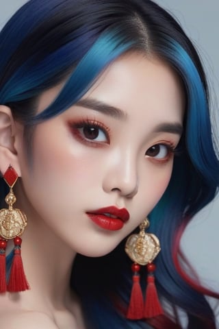 1 chinese girl, solo, long hair, looking at viewer, black hair, jewelry, closed mouth, blue hair, red hair, multicolored hair, earrings, mole, black eyes, lips, streaked hair, gradient, gradient background, mole under eye, makeup, lipstick, portrait, forehead, red lips