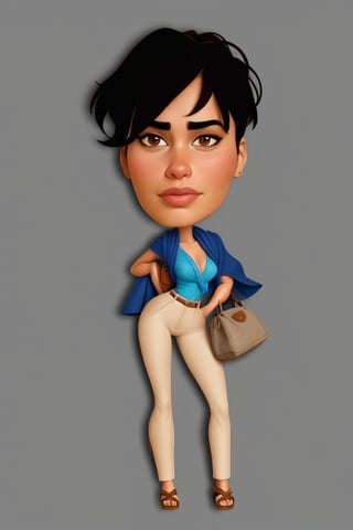 Digital drawing of a woman with short dark brown hair, thick eyebrows, large brown eyes, upturned nose, sexy and full lips, Fitness Body, blue blouse with an emphasis on the neckline up to the navel, wearing a shawl, tight cream body pants, with a bag hanging on her left arm, wearing brown sandals, 8k, Pixar style