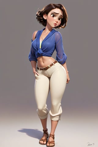 Digital drawing of a woman with short dark brown hair, thick eyebrows, large brown eyes, upturned nose, sexy and full lips, Fitness Body, blue blouse with an emphasis on the neckline up to the navel, wearing a shawl, tight cream body pants, with a bag hanging on her left arm, wearing brown sandals, 8k, Pixar style