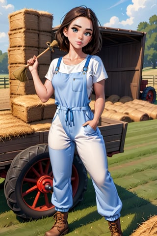 Digital Drawing, 8k, Best quality, woman with an athletic body, wearing a white t-shirt, blue strap jumpsuit, brown boots, buckle feel, snub nose, full lips, with one hand on her waist and the other holding a rake, she is posing for a photo in front of a hay cart.
