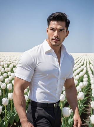 The sae of white Tulips, posing in a vast tulips field against an endless blue sky horizon, Rule of Third backdrop, The scene is captured with a wide-angle lens, bathed in cinematic lighting to accentuate the dynamic pose and dramatic atmosphere,a statuesque chinese man stands tall, his muscular shirt.His striking eyes, lock intensely onto the camera, while full and pink lips curve into a subtle smirk. Stubble adds a rugged touch to his chiseled features. Undercut hairstyle, he exudes confidence in a dynamic pose that seems to defy gravity. The overall atmosphere is one of mystique and intensity. 