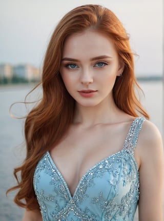 Russian woman, beautiful, 21 years old, young looking, long, red hair, wearing a nice dress, clear eyes, clear picture 4K