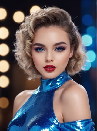 A stunning 21-year-old Russian woman , poses confidently in a trendy 2024FY glitter fabric outfit. Her captivating gaze has a mesmerizing spell, extremely blue eyeshadow makeup, candid shot, she stands against a blurred ((start  bokeh))  backdrop , her perfect facial proportions and beautiful eyes taking center stage. The 4K resolution captures every detail, from her luscious shot haircut to the subtle curves of her cheeks, current tooth ,more detail, closed-mouth, lipstick model and She holds lipstick to promote a sale.curly hair