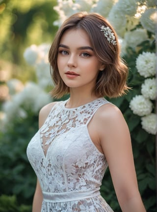 A stunning 21-year-old Russian woman , poses confidently in a trendy 2024FY lace fabric dress. Her captivating gaze has a mesmerizing spell, Attach a hair clip,look at viewer . In a candid shot, she stands against a blurred((start  bokeh)) flowers garden backdrop , her perfect facial proportions and beautiful eyes taking center stage. The 4K resolution captures every detail, from her luscious shot haircut and highlights color to the subtle curves of her cheeks, strictly tooth ,more detail, closed-mouth,