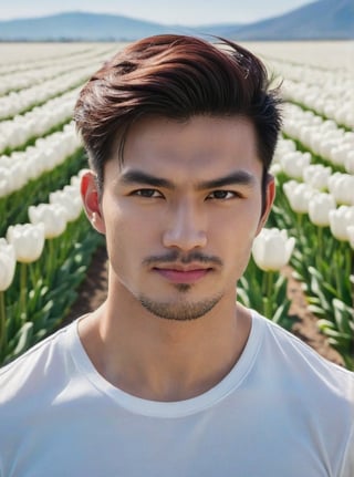 The sae of white Tulips, posing in a vast tulips field against an endless blue sky horizon, Rule of Third backdrop, The scene is captured with a wide-angle lens, bathed in cinematic lighting to accentuate the dynamic pose and dramatic atmosphere,a statuesque chinese man stands tall, his muscular shirt.His striking eyes, lock intensely onto the camera, while full and pink lips curve into a subtle smirk. Stubble adds a rugged touch to his chiseled features. Undercut hairstyle, he exudes confidence in a dynamic pose that seems to defy gravity. The overall atmosphere is one of mystique and intensity. 