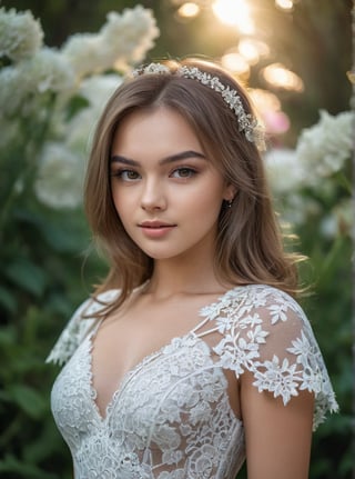 A stunning 21-year-old Russian woman , poses confidently in a trendy 2024FY lace fabric dress. Her captivating gaze has a mesmerizing spell, Attach a hair clip,look at viewer . In a candid shot, she stands against a blurred((start  bokeh)) flowers garden backdrop , her perfect facial proportions and beautiful eyes taking center stage. The 4K resolution captures every detail, from her luscious shot haircut and highlights color to the subtle curves of her cheeks, strictly tooth ,more detail, closed-mouth,