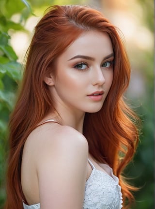 A stunning 21-year-old Russian woman with fiery red locks cascading down her back, poses confidently in a trendy 2024FY outfit. Her captivating gaze has a mesmerizing spell, as if drawing the viewer in. In a candid shot, she stands against a blurred garden backdrop, her perfect facial proportions and beautiful eyes taking center stage. The 4K resolution captures every detail, from her luscious long hair to the subtle curves of her cheeks, current tooth 