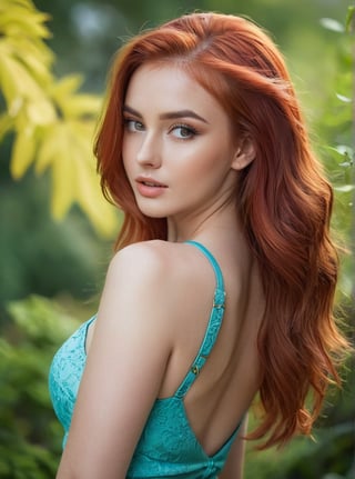 A stunning 21-year-old Russian woman with fiery red locks cascading down her back, poses confidently in a trendy 2024FY outfit. Her captivating gaze has a mesmerizing spell, as if drawing the viewer in. In a candid shot, she stands against a blurred garden backdrop, her perfect facial proportions and beautiful eyes taking center stage. The 4K resolution captures every detail, from her luscious long hair to the subtle curves of her cheeks, current tooth 