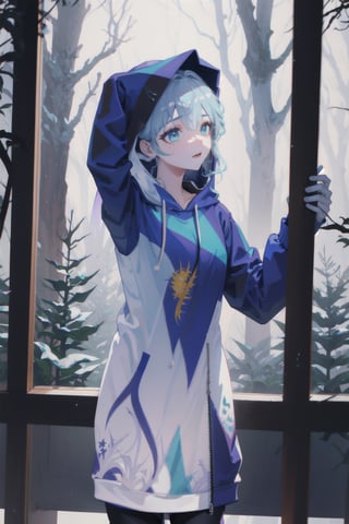 DonMR31nd33rXL,robin,dragonink,Dancing in the forest,8k.4k,1girl,(BLUE hoodie),The rainy forest,Cloudy day, mist,sidelocks,masterpiece, best quality, ,( beautiful skin, perfect skin, perfect face)