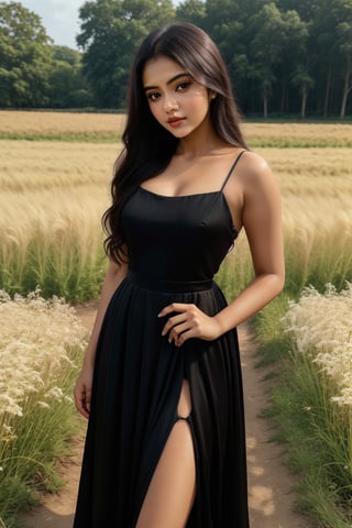 "Same face girl name Aria, same round face, very dark Indian girl, Instagram influencer, black long hair, shiny juicy lips, brown eyes cute, 18 year old girl, photorealistic, extreme realism, full body shot, posing in the fields, wearing a full-length elegant dress, standing in a side pose."