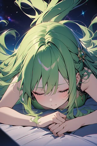 Highly detailed, high quality, masterpiece, beautiful, (medium long shot), 1 girl, green long hair, levitating hair, sad face, short body, provocative body, laying_down, closed eyes, detailed_background, in the space, at night.