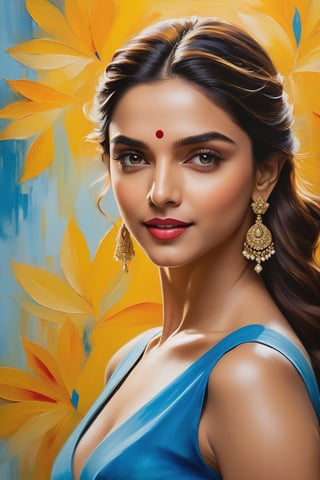 Vibrant hues dance across a canvas as Deepika Padukone's radiant presence is captured in an impressionistic oil painting. Soft focus and fuzzy brushstrokes evoke the dreamy quality of Henri Matisse's work. Beauty lighting illuminates her features, while bold colors like cadmium yellow and cerulean blue swirl together in a whirlwind of creative expression. In this 16k masterpiece, Deepika's elegance shines against a warm, textured background, as if bathed in the golden light of a French studio.