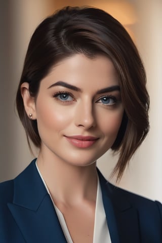 create a hyper realistic vertical photo of Indian most attractive happy woman in her 30s, Anne hathway, Trendsetter wolf cut brown hair, trending on artstation, portrait, digital art, modern, sleek, highly detailed, formal, determined, blue business suit, perfect symmetric eyes, natural skin texture, hyperrealism, soft light, sharp, 8k hdr, dslr, high contrast, cinematic lighting, high quality, film grain, Fujifilm XT3