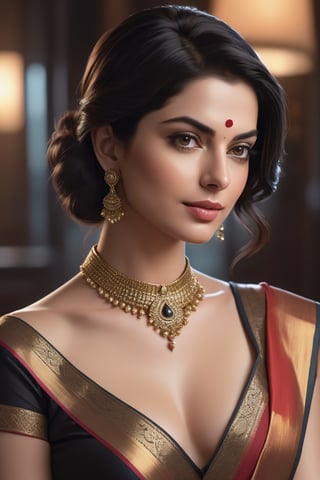 Vertical portrait of a stunning Indian woman in her 40s, donning a Trendsetter wolf cut black hair and a choker belt, exuding modern elegance. She sits confidently in a luxurious office, surrounded by sleek, high-tech gadgets. Her formal saree is draped elegantly around her curvy figure, accentuating her impressive 36D bust. Her fair skin glows with a subtle fairy tone, illuminating her determined expression. A flirty gaze, reminiscent of Anne Hathaway's, meets the viewer's eyes, inviting closer inspection. The camera captures every detail, from the intricate saree folds to the delicate curves of her wolf-cut hair, in a hyper-realistic digital art piece that's sure to trend on ArtStation.