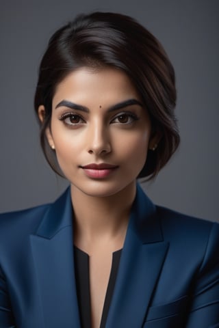 Here is a prompt for a hyper-realistic vertical photo:

A stunning Indian woman in her 30s, reminiscent of Anne Hathaway, sits confidently with a trendy wolf-cut brown hairdo, popular on ArtStation. She wears a sleek, modern blue business suit, exuding determination and poise. Her perfectly symmetrical eyes sparkle under soft, natural light, casting a subtle glow on her smooth skin texture. The high-contrast, cinematic lighting accentuates the subject's facial features, as if captured with an 8K HDR DSLR camera like the Fujifilm XT3. A hint of film grain adds depth and texture to this highly detailed, formal portrait.