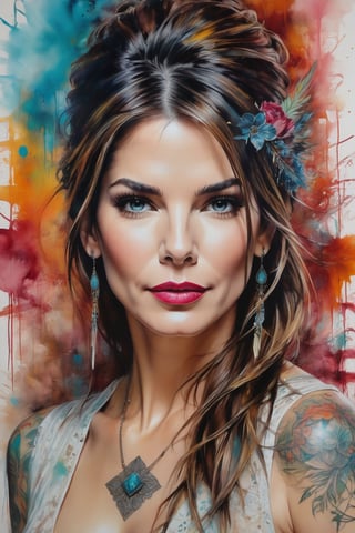 painting of Sandra Bullock, Carne Griffiths style, featuring vintage tattoo elements and lipstick, set against a complex background that invokes the charm of ancient art, her vintage hairstyle meticulously rendered, oil painting, masterpiece with vivid colors, highly detailed, best quality, ultra-realistic