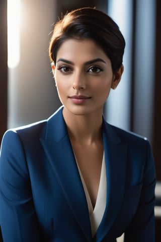 Here is a prompt for a hyper-realistic vertical photo:

A stunning Indian woman in her 30s, reminiscent of Anne Hathaway, sits confidently with a trendy wolf-cut brown hairdo, popular on ArtStation. She wears a sleek, modern blue business suit, exuding determination and poise. Her perfectly symmetrical eyes sparkle under soft, natural light, casting a subtle glow on her smooth skin texture. The high-contrast, cinematic lighting accentuates the subject's facial features, as if captured with an 8K HDR DSLR camera like the Fujifilm XT3. A hint of film grain adds depth and texture to this highly detailed, formal portrait.