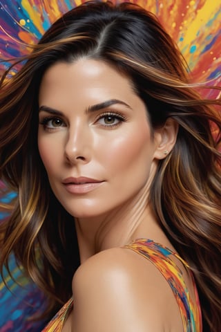 Sandra Bullock's radiant face glows under soft, golden light, amidst a swirling vortex of vibrant hues. Fuzzy brushstrokes dance across her skin, as if infused with an impressionistic energy. Her eyes sparkle like diamonds against the bright, clashing colors, reminiscent of Pollock's dynamic splatters. In the foreground, delicate wisps of color appear to float, framing Sandra's serene expression. The overall effect is a kaleidoscope of beauty and chaos, as if reality itself has been distilled into an 8K masterpiece.