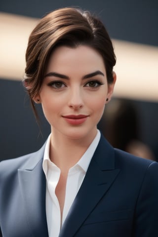 Here is a prompt for a hyper-realistic vertical photo:

A stunning Indian woman in her 30s, reminiscent of Anne Hathaway, sits confidently with a trendy wolf-cut brown hairdo, popular on ArtStation. She wears a sleek, modern blue business suit, exuding determination and poise. Her perfectly symmetrical eyes sparkle under soft, natural light, casting a subtle glow on her smooth skin texture. The high-contrast, cinematic lighting accentuates the subject's facial features, as if captured with an 8K HDR DSLR camera like the Fujifilm XT3. A hint of film grain adds depth and texture to this highly detailed, formal portrait.