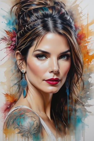 painting of Sandra Bullock, Carne Griffiths style, featuring vintage tattoo elements and lipstick, set against a complex background that invokes the charm of ancient art, her vintage hairstyle meticulously rendered, oil painting, masterpiece with vivid colors, highly detailed, best quality, ultra-realistic