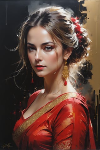 oil painting, heavy brushstrokes, paint drips, a breathtaking portrait of a Mozart, female, wearing red saree, action pose, medium long fuzzy hair, perfect symmetric eyes,gorgeous face, by Jeremy Mann, Carne Griffiths, Robert Oxley, rich, deep colors,layered image shaded by cells, golden ratio, award winning, professional,highly detailed, intricate, volumetric lighting, gorgeous, masterpiece, sharp focus, depth of field, perfect composition, award winner, artstation,