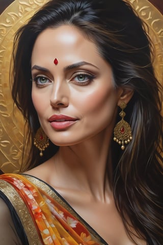 oil painting, heavy brushstrokes, paint drips, a breathtaking portrait of a Mozart, female, Angelina Jolie, wearing floral transparent saree, medium long fuzzy hair, perfect symmetric eyes,gorgeous face,  rich, deep colors,layered image shaded by cells, golden ratio, award winning, professional,highly detailed, intricate, volumetric lighting, gorgeous, masterpiece, sharp focus, depth of field, perfect composition, award winner, artstation, acrylic painting create a hyper realistic vertical photo of Indian most attractive woman in her 40s, Trendsetter wolf cut black hair, 