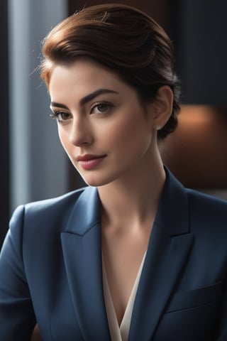 Here is a prompt for a hyper-realistic vertical photo:

A stunning Indian woman in her 30s, reminiscent of Anne Hathaway, sits confidently with a trendy wolf-cut brown hairdo, popular on ArtStation. She wears a sleek, modern blue business suit, exuding determination and poise. Her perfectly symmetrical eyes sparkle under soft, natural light, casting a subtle glow on her smooth skin texture. The high-contrast, cinematic lighting accentuates the subject's facial features, as if captured with an 8K HDR DSLR camera like the Fujifilm XT3. A hint of film grain adds depth and texture to this highly detailed, formal portrait.