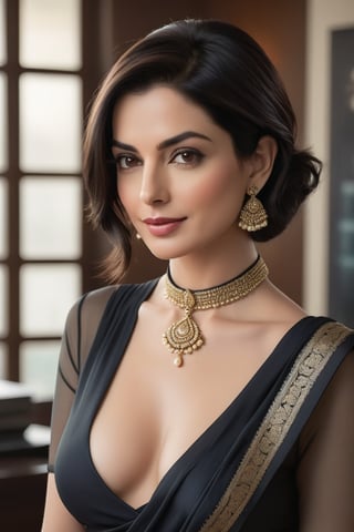 Vertical portrait of a stunning Indian woman in her 40s, donning a choker belt and Trendsetter wolf cut black hair styled to perfection. She sits confidently in a luxurious office, surrounded by sleek modern decor, wearing a stunning saree that accentuates her curves. Her fair skin glows with a fairy tone, as she fixes a determined yet flirty gaze directly at the camera. Her 36D bust is beautifully framed by the delicate folds of the saree. The overall aesthetic exudes high-end digital art, reminiscent of Anne Hathaway's signature style.