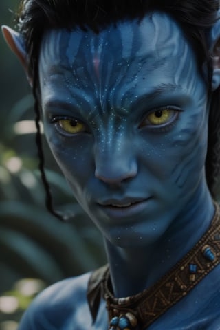 twenty year old male na'vi, omaticaya na'vi, miles "spider" socorro, ((blue skin)), blue palette, ((black hair)), ((medium length curly hair)), messy hair, ((golden eyes)), ((eyebrows)), skin full of ((scales)), ((pointy fangs)), wearing tribal clothing, beautiful na'vi, action scene, close-up face view, ((profile view)), realistic_eyes, hyper_realistic, extreme details, HDR, 4k quality, perfect quality, perfect image, HD quality, movie scene, Read description, ADD MORE DETAIL, glowing forest background