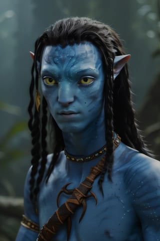 twenty year old male na'vi, omaticaya na'vi, miles "spider" socorro, ((blue skin)), blue palette, ((black hair)), ((shoulder lenght curly hair)), messy hair, ((golden eyes)), ((eyebrows)), skin full of ((scales)), ((pointy fangs)), wearing tribal clothing, beautiful na'vi, action scene, close-up face view, ((profile view)), realistic_eyes, hyper_realistic, extreme details, HDR, 4k quality, perfect quality, perfect image, HD quality, movie scene, Read description, ADD MORE DETAIL, glowing forest background
