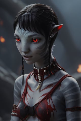 Na'vi, twenty years old female, indonesian, ((ash gray skin)), (white skin), gray palette, ((black hair)), ((pixie cut hair)), messy hair, ((bloody red eyes)), skin full of ((scales)), stern face, ((pointy fangs)), full of red painted stripes, wearing (bones) as acessories, wearing tribal clothing, beautiful na'vi, action scene, close-up view, profile view, realistic_eyes, hyper_realistic, extreme details, HDR, 4k quality, perfect quality, perfect image, HD quality, movie scene, Read description, ADD MORE DETAIL,vulcanic land background, cave with bonfires background