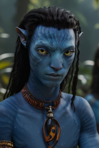 twenty year old male na'vi, omaticaya na'vi, miles "spider" socorro, ((blue skin)), blue palette, ((black hair)), ((medium length curly hair)), messy hair, ((golden eyes)), ((eyebrows)), skin full of ((scales)), ((pointy fangs)), wearing tribal clothing, beautiful na'vi, action scene, close-up face view, ((profile view)), realistic_eyes, hyper_realistic, extreme details, HDR, 4k quality, perfect quality, perfect image, HD quality, movie scene, Read description, ADD MORE DETAIL, glowing forest background