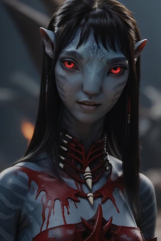Na'vi, twenty years old female, japanese, ((gray skin)), (white skin), gray palette, ((black hair)), ((pixie cut hair)), messy hair, ((bloody red eyes)), skin full of ((scales)), stern face, ((pointy fangs)), full of red painted stripes, wearing (bones) as acessories, wearing tribal clothing, beautiful na'vi, action scene, close-up view, profile view, realistic_eyes, hyper_realistic, extreme details, HDR, 4k quality, perfect quality, perfect image, HD quality, movie scene, Read description, ADD MORE DETAIL,vulcanic land background, cave with bonfires background