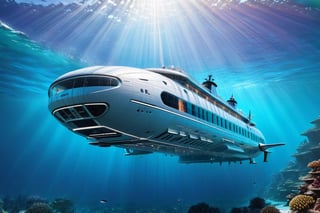A vast futuristic submerssible cruise ship, passengers can be seen looking out from large viewports on the sides, 8k, detailed, sharp focus, clear ocean water, well illuminated by sun filtering from the surface, the surrounding ocean features a steep vertical wall of corals, sense of the vast ocean depths, beautiful and peaceful