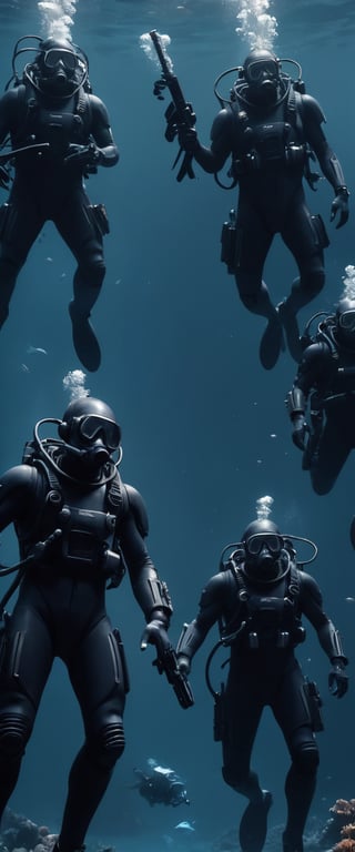 Cinematic scene, a group of deep sea divers, dressed in black and wielding futuristic arpoons weapons, underwater scene, detailed background, masterpiece, best quality, high quality, highres, absurdres, cyberpunk 
