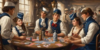 Iustartion of a tavern, 19th century style, small tables at the background, illustration, sailors blue and white stripes ,sailors uniform, drinking and playing cards, pocker game, pretty girls
